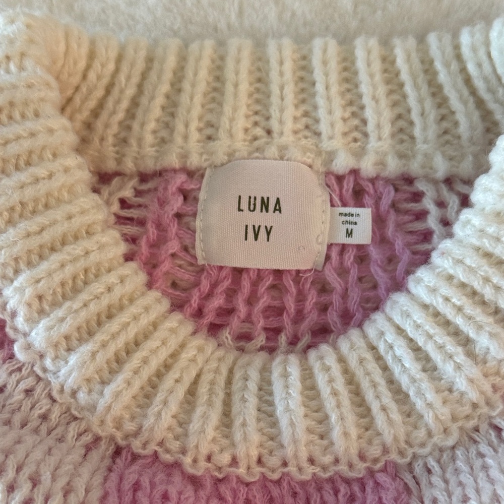 Luna Ivy Pink & White Crochet Checkered & Heart Sweater, Puff Sleeves, Cozy Soft - Picture 7 of 15